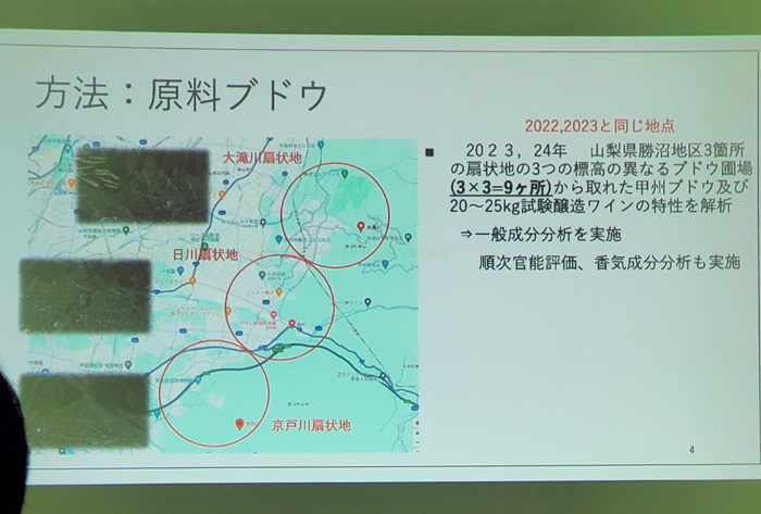 甲州ブドウの試験醸造について 減量ブドウの圃場(第46回甲州市勝沼ワインゼミナール)