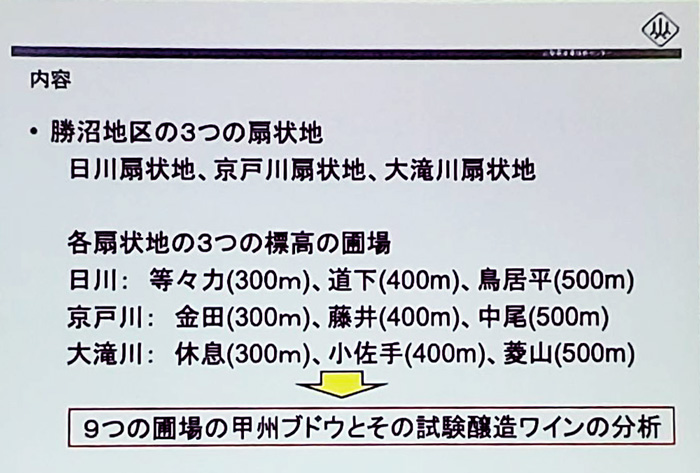 勝沼地区と各扇状地のブドウ果汁と委託醸造ワインの成分値について:内容(第46回甲州市勝沼ワインゼミナール)